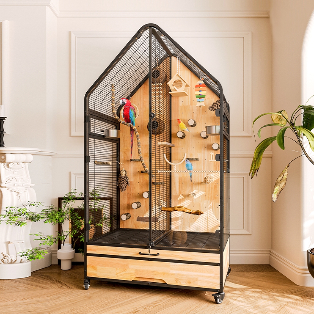 Handcrafted Metal and Wood Bird Cage for Indoor Use