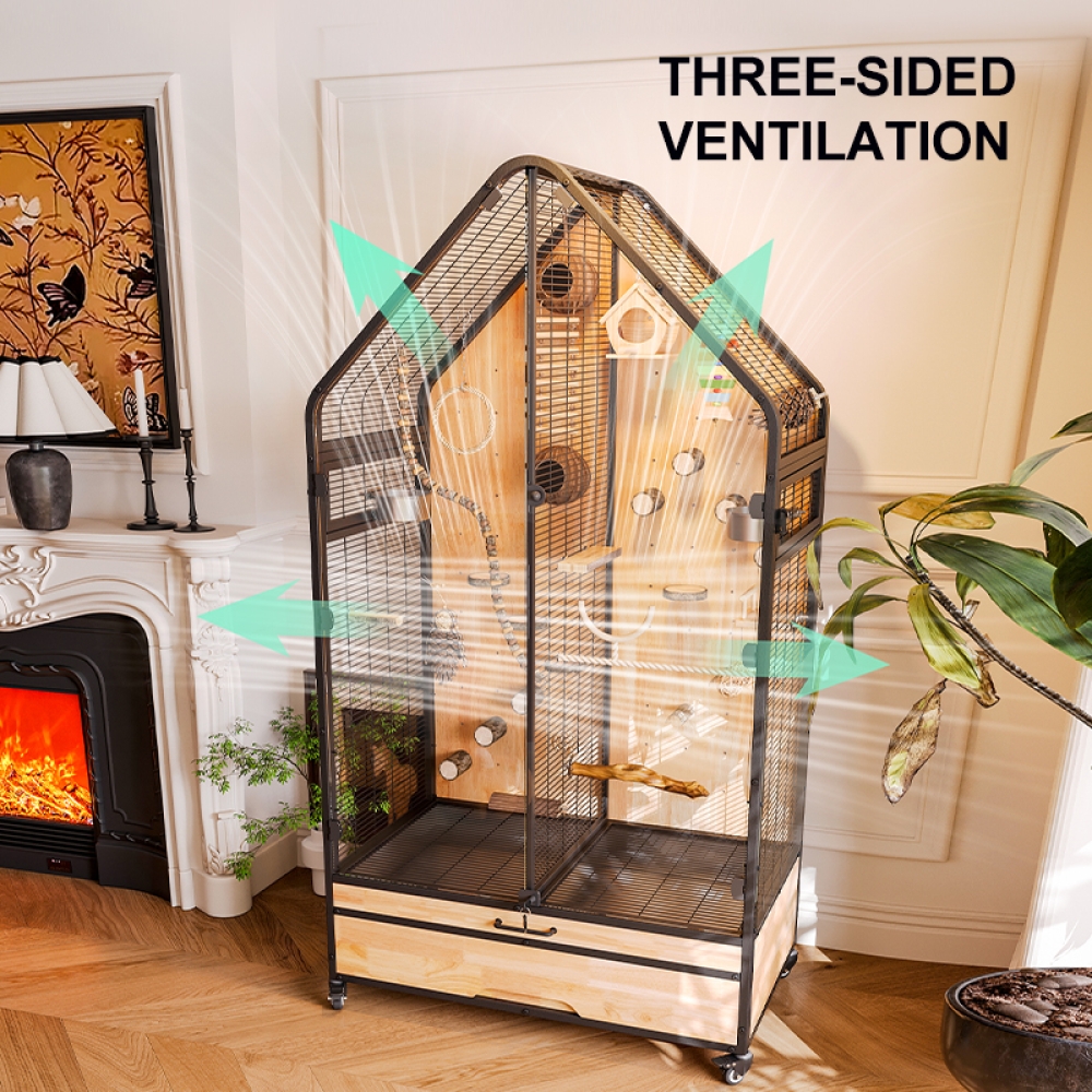 Handcrafted Metal and Wood Bird Cage for Indoor Use