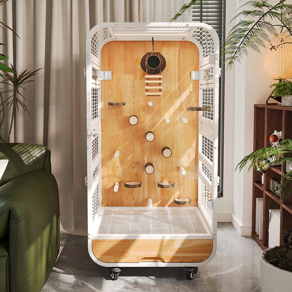Luxury Indoor Bird Cage with Metal Frame and Solid Wood Base