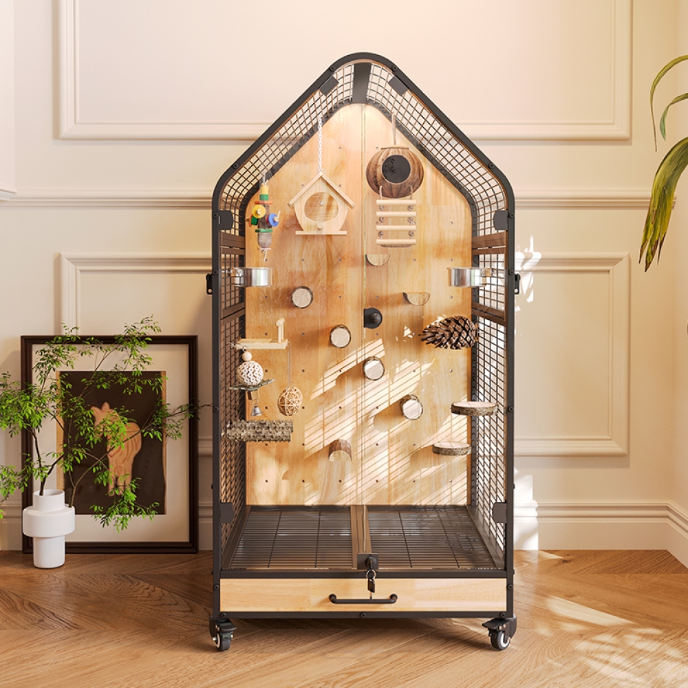 Elegant Metal & Wood Bird Cage for Parrots and Home Interiors