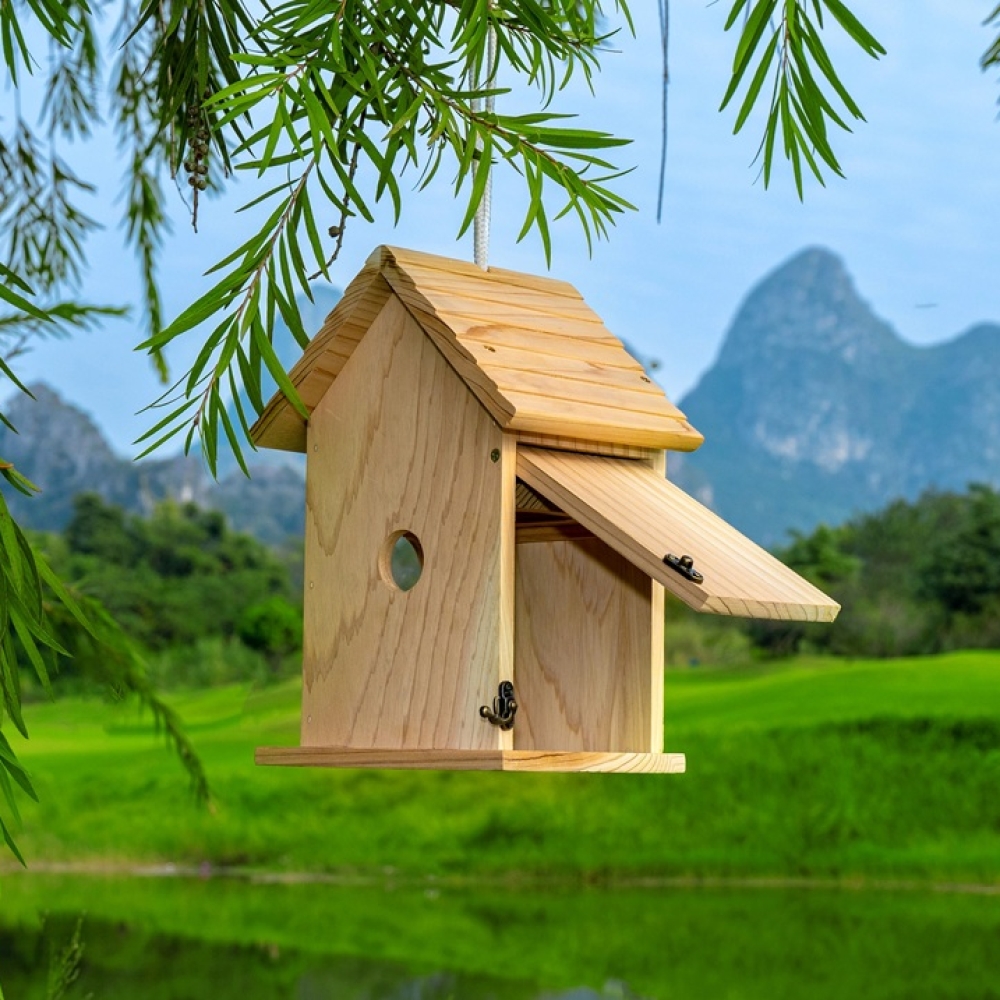 Wooden Bird House Outdoor Hanging | Natural Solid Wood Bird Nesting Box